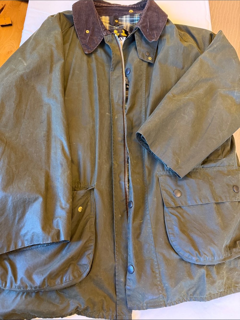 Barbour Olive Green Waxed Cotton Field Jacket with Brown Corduroy Collar